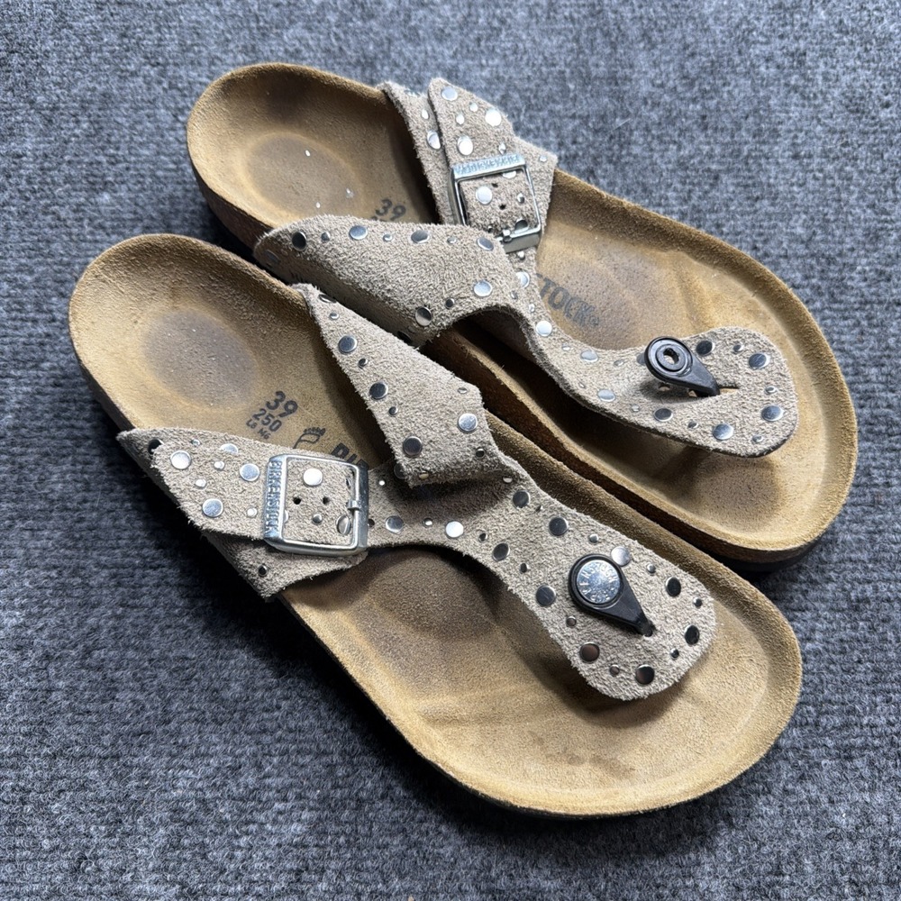 Birkenstock Gizeh Womens Rivets Suede Leather Studded Sandals Size 39 8.5 Tan
